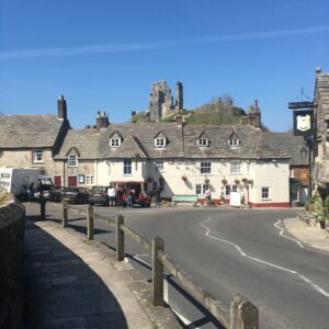 View of Corfe Castle on the bus from Wareham Station to Swanage
