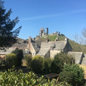 View of Corfe Castle whilst on the bus from Wareham Station to Swanage